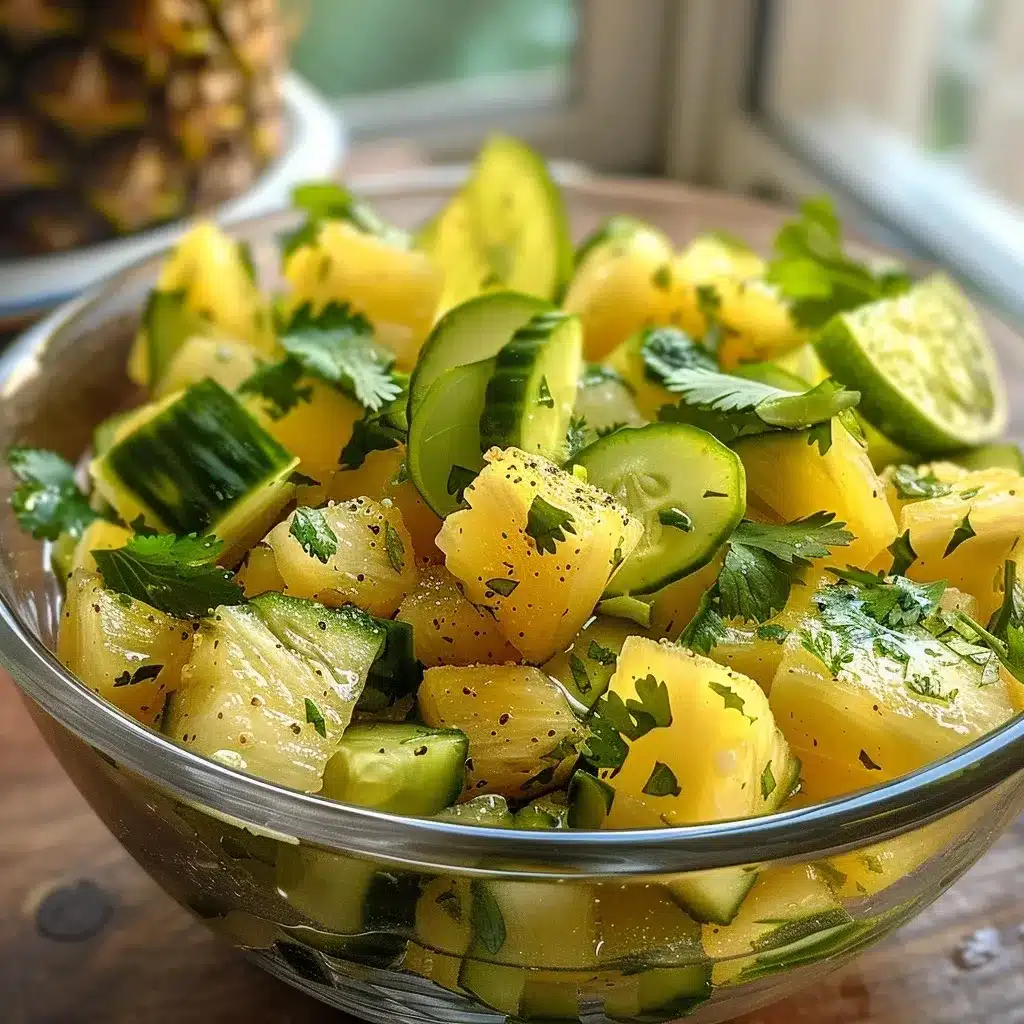pineapple cucumber salad recipe in a white bowl