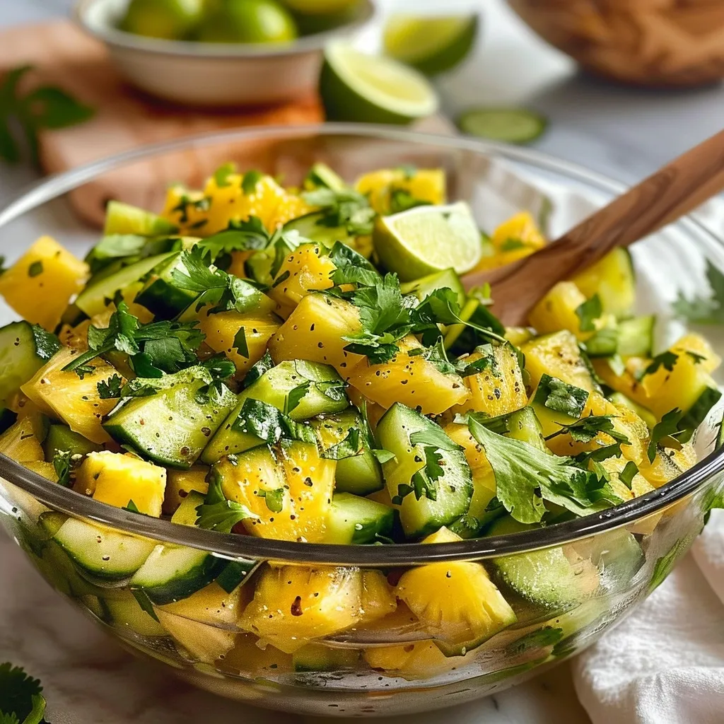 pineapple cucumber salad recipe in a white bowl with lime and cilantro
