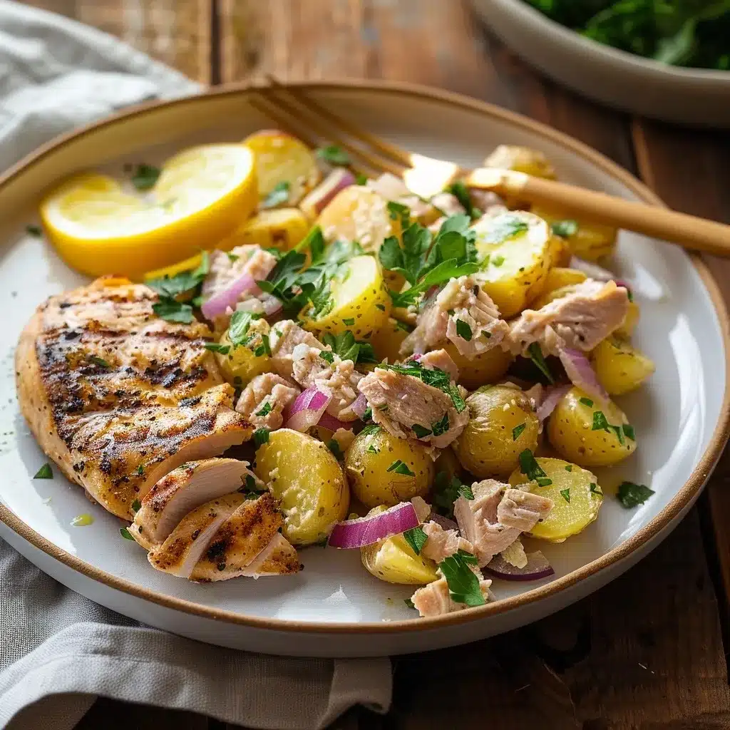 Potato tuna salad served with grilled chicken breast and lemon on a white plate