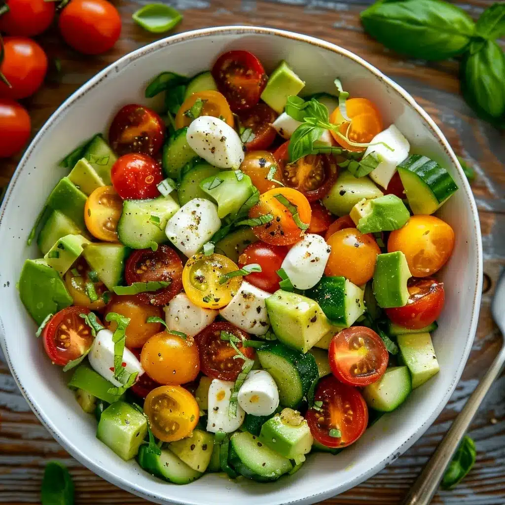 Mixing tomato cucumber mozzarella salad recipe