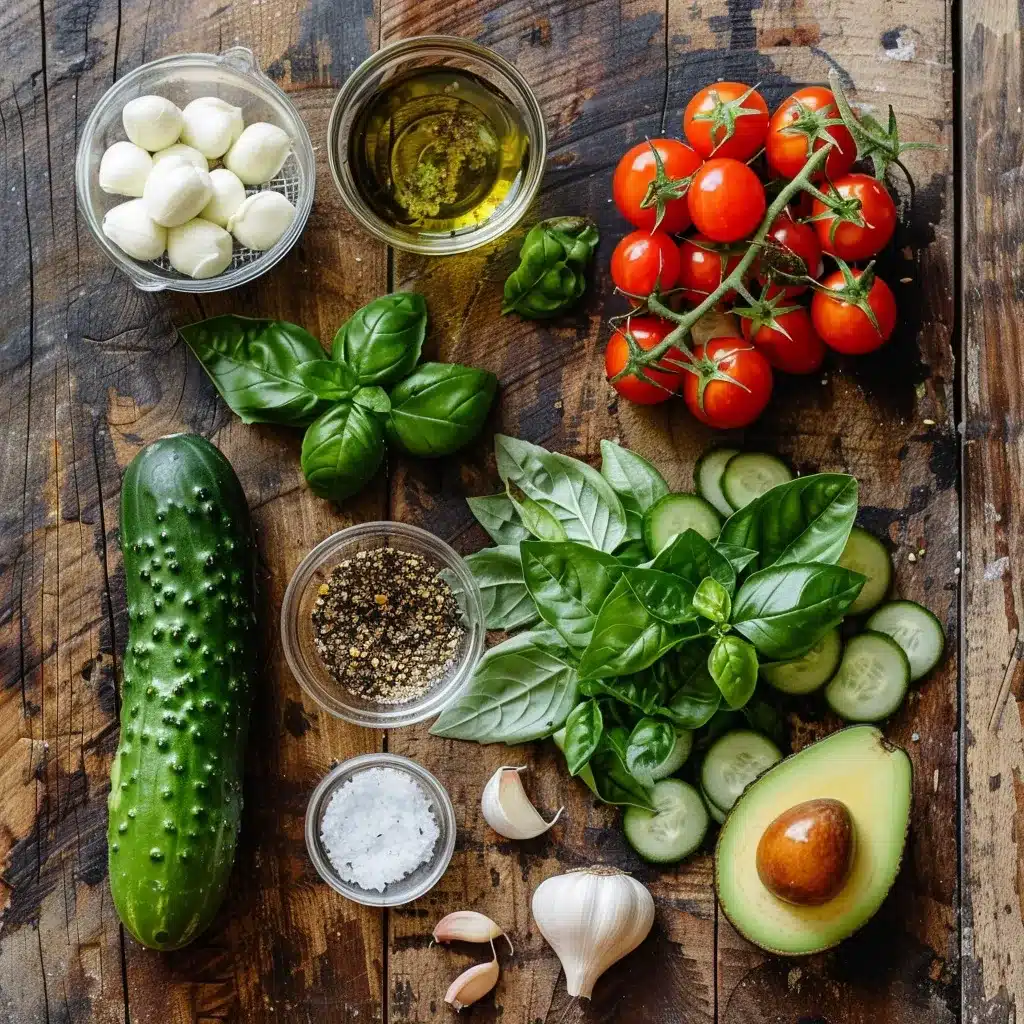 Ingredients for tomato cucumber mozzarella salad recipe