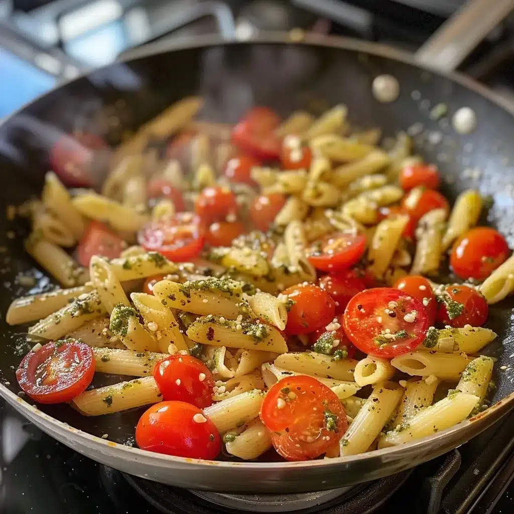 Garlic and tomatoes cooking in a skillet for tuna pesto pasta