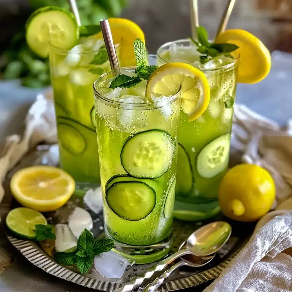 Close-up of cucumber lemonade served in tall glasses with ice, lemon slices, and cucumber rounds, presented on a vintage tray with mint and silver spoons.