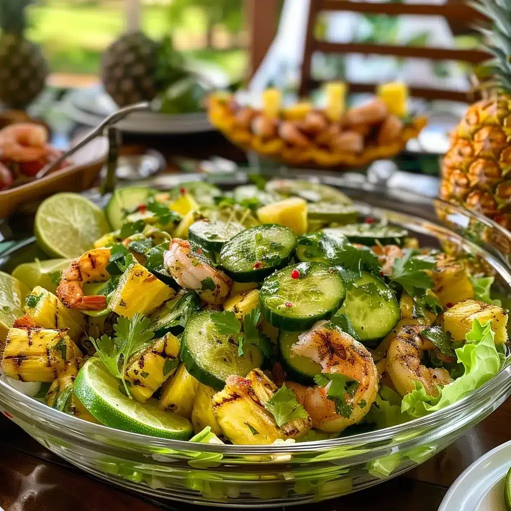 serving pineapple cucumber salad with shrimp