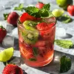 Ingredients for strawberry kiwi refresher mocktail recipe including strawberries, kiwi, lime, and coconut water