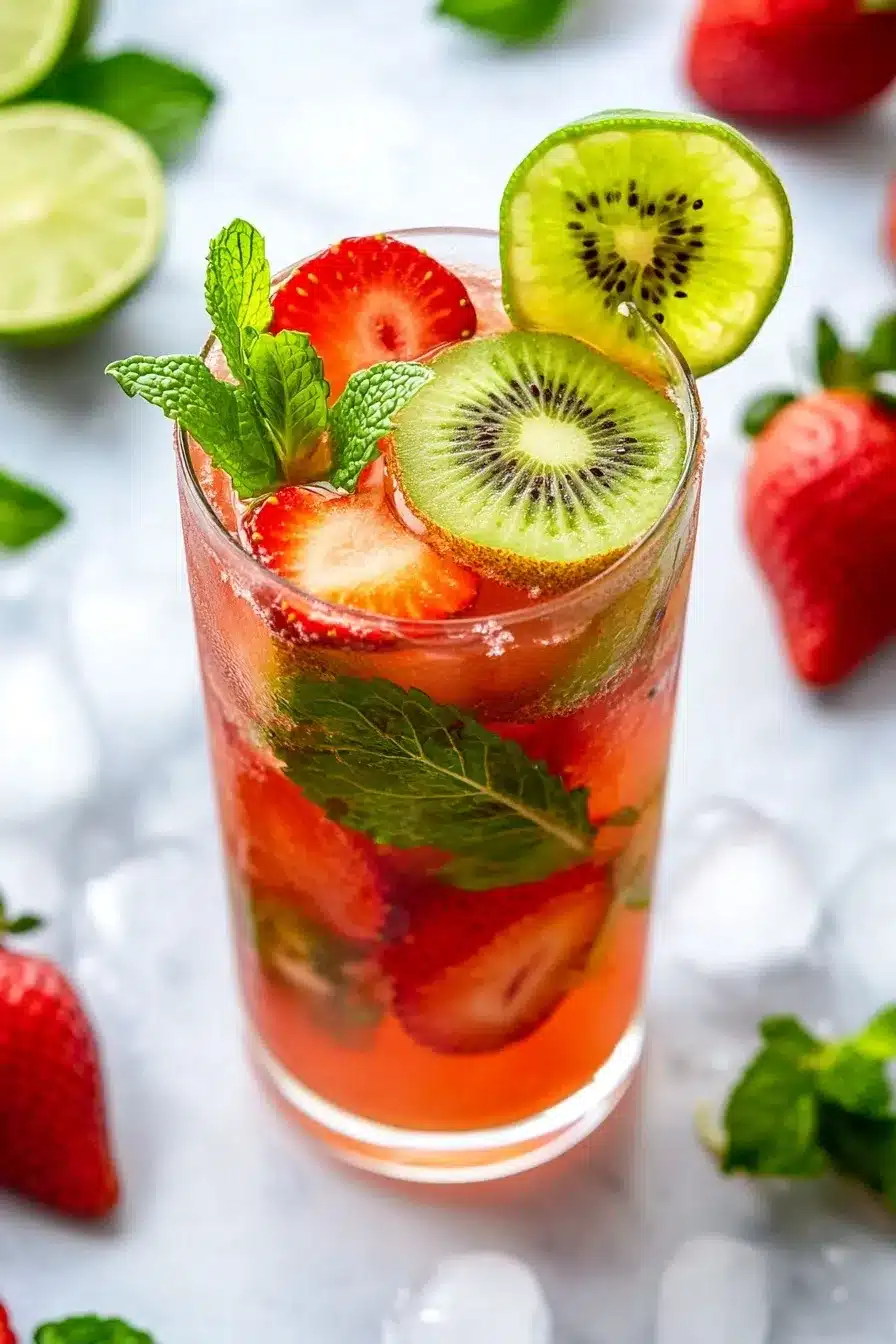 strawberry kiwi refresher mocktail recipe in tall glass
