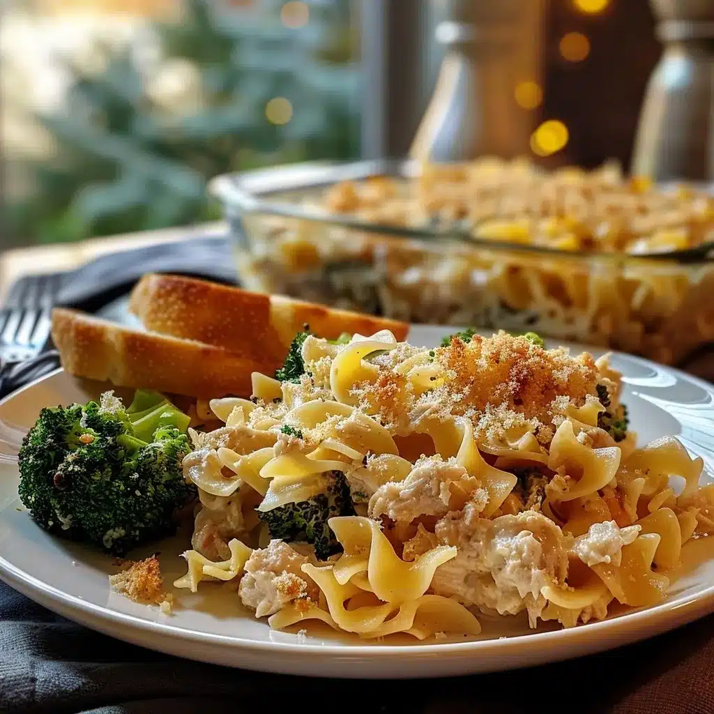 serving tuna noodle casserole with vegetables and bread