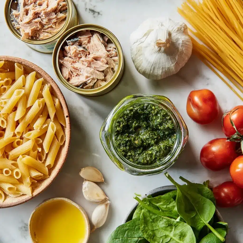 Ingredients for easy tuna pesto pasta recipe on a countertop