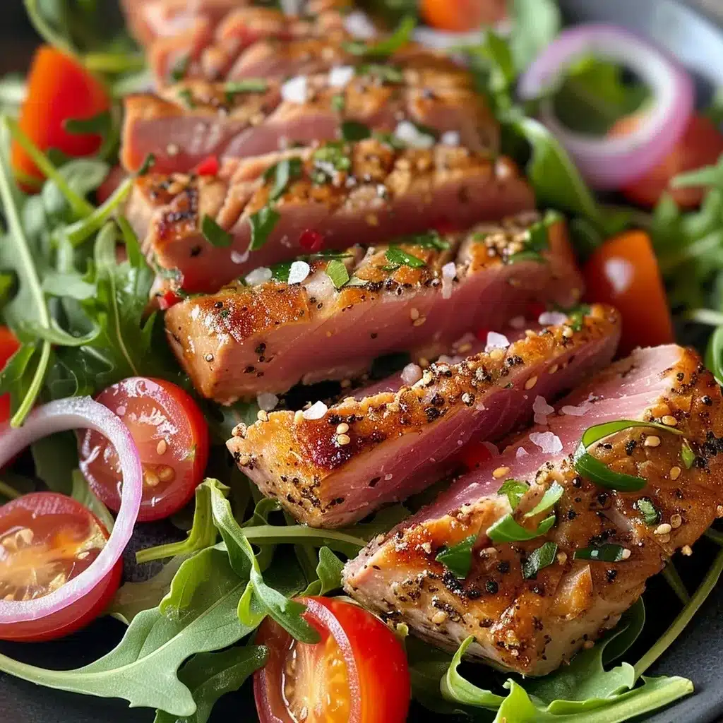 Air fryer tuna steak slices served on a bed of fresh arugula, cherry tomatoes, and red onion, drizzled with lemon vinaigrette.