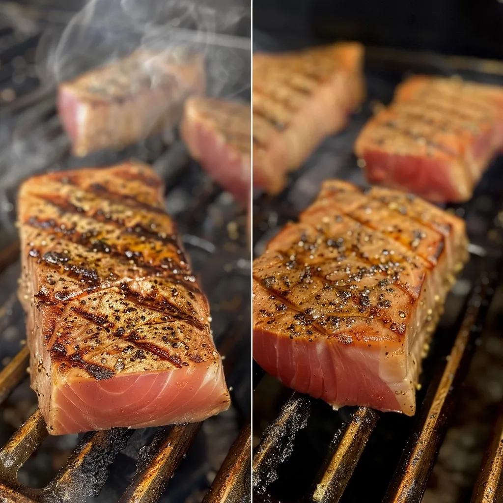 Seared ahi tuna steak slices with green onions and sesame seeds served with soy dipping sauce.