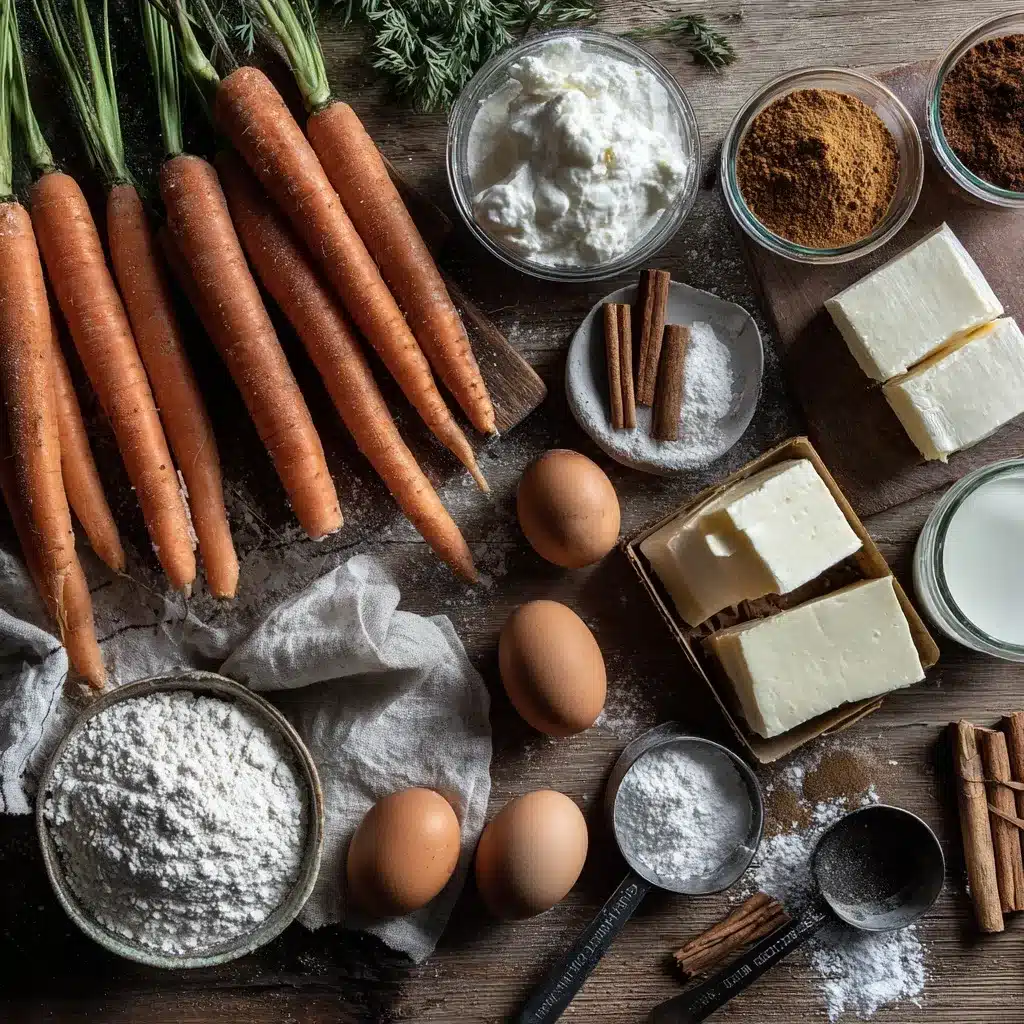 Carrot cake cheesecake ingredients laid out on rustic table