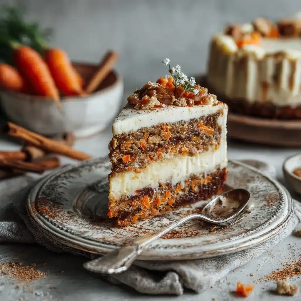 Finished carrot cake cheesecake topped with frosting and pecans