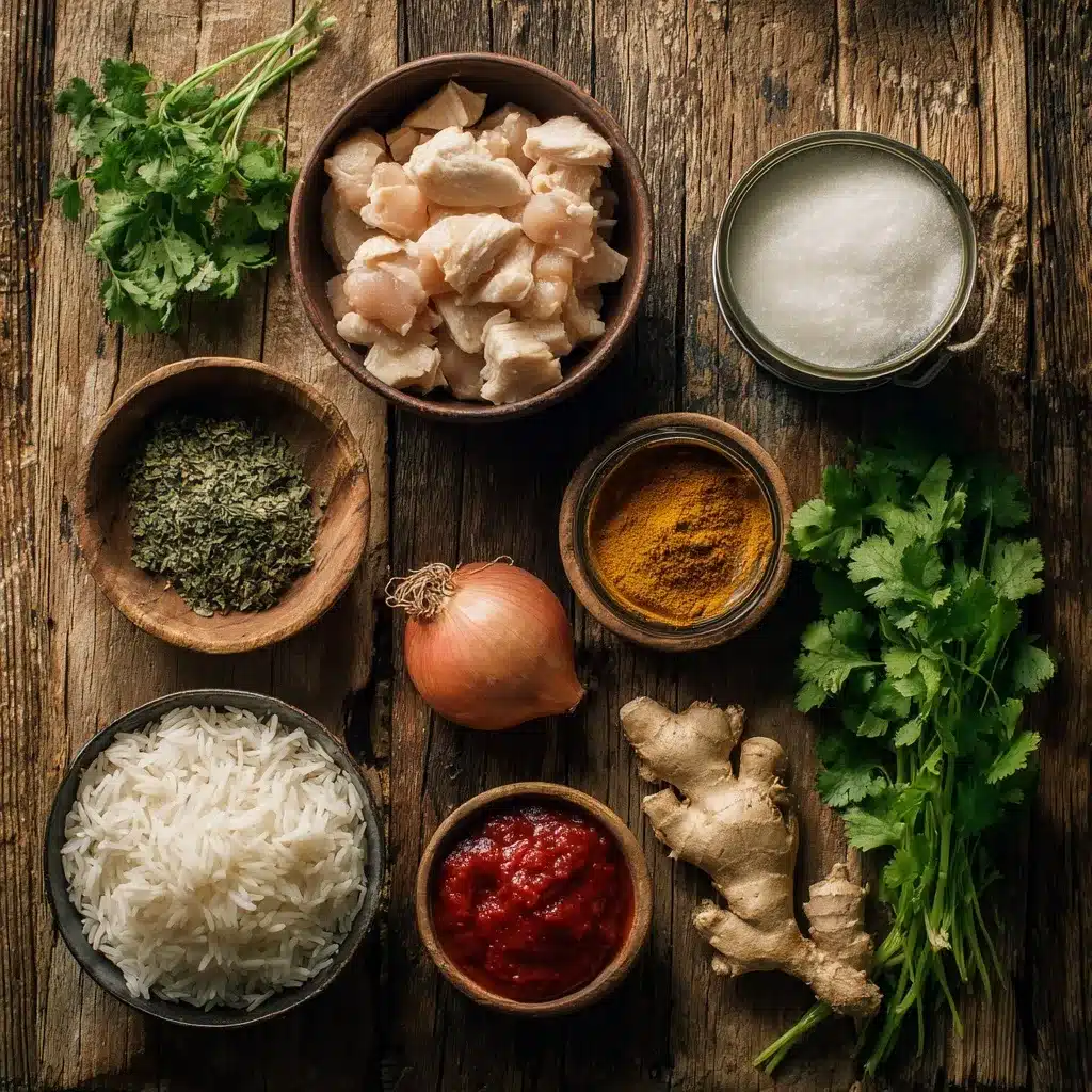 Ingredients for Coconut Chicken Rice Bowl on rustic table