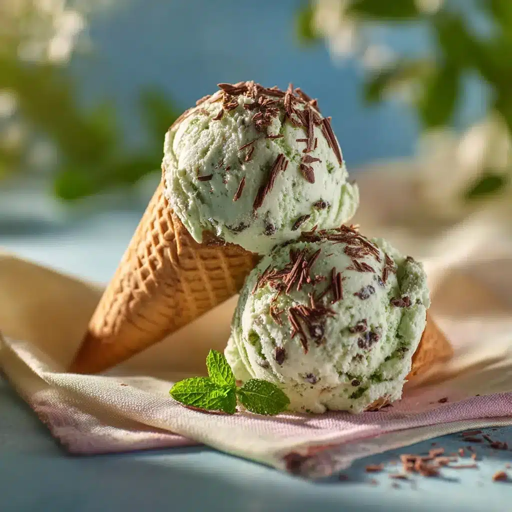 Mint Chocolate Chip Ice Cream in a waffle cone