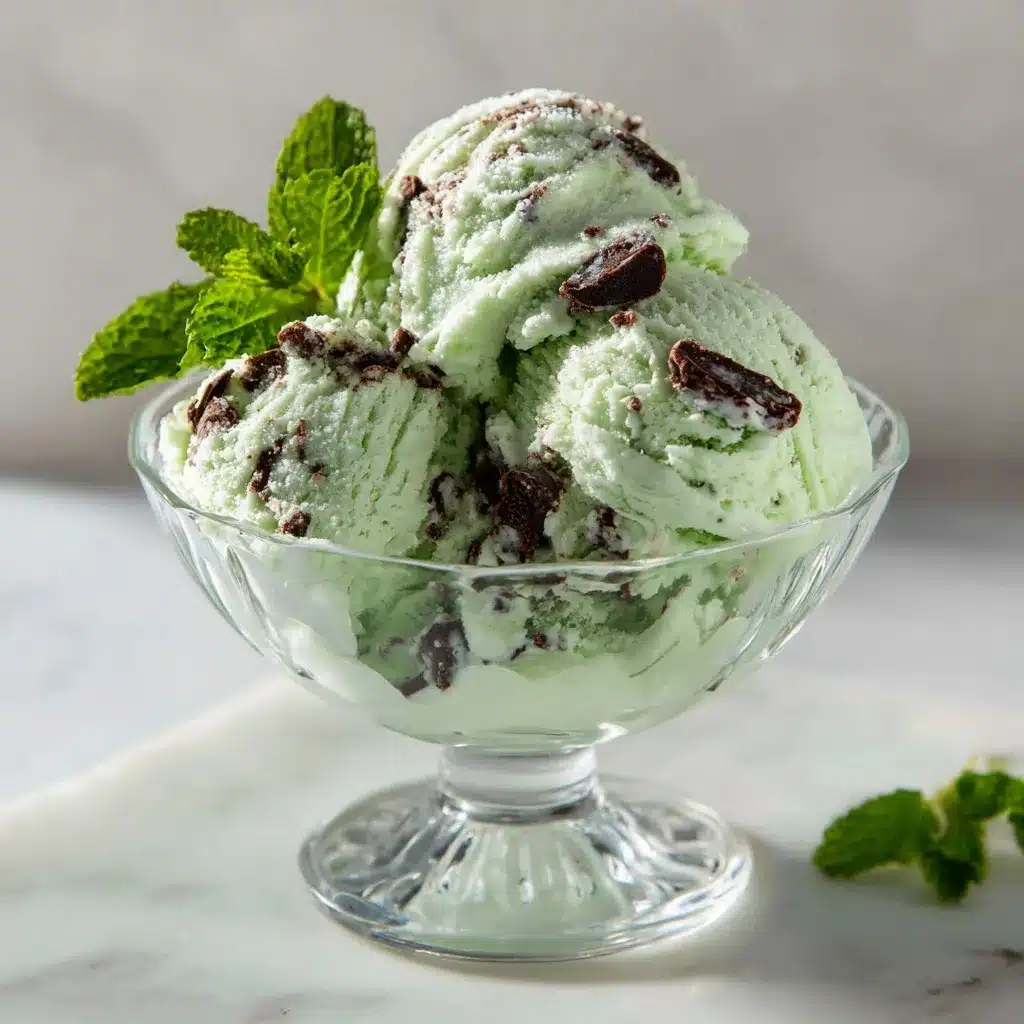 Mint Chocolate Chip Ice Cream recipe in a glass bowl with chocolate chunks