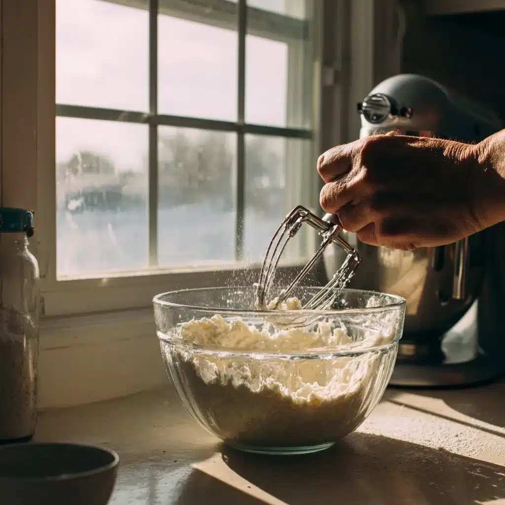Mixing cream cheese for carrot cake cheesecake filling