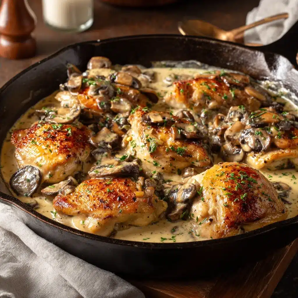Mushroom chicken recipe in creamy skillet