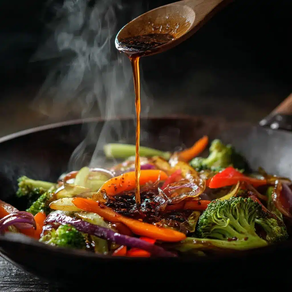 Pouring black pepper sauce into stir fry