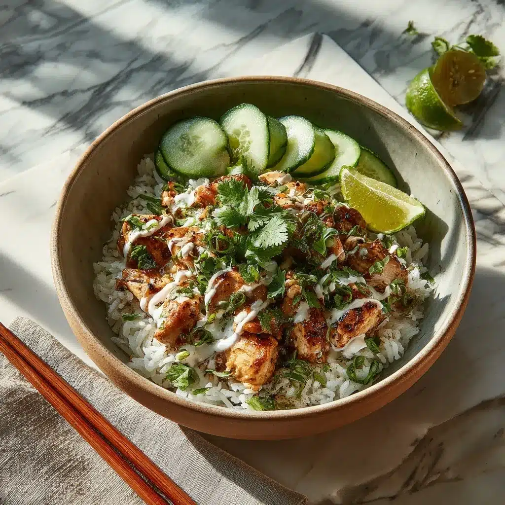 Served Coconut Chicken Rice Bowl with garnishes