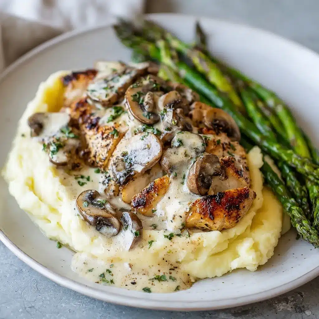 Served creamy mushroom chicken recipe plate