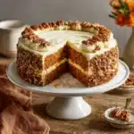 Whole carrot cake cheesecake with slice missing to reveal layers