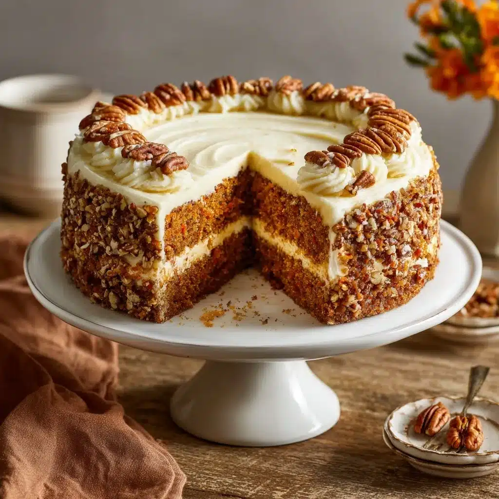 Whole carrot cake cheesecake with slice missing to reveal layers