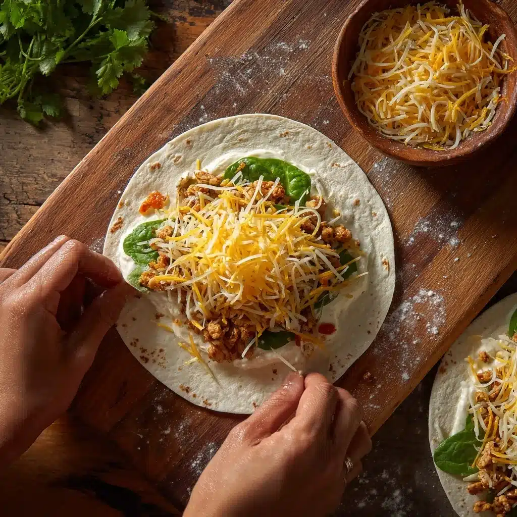 assembling cheesy garlic chicken wraps