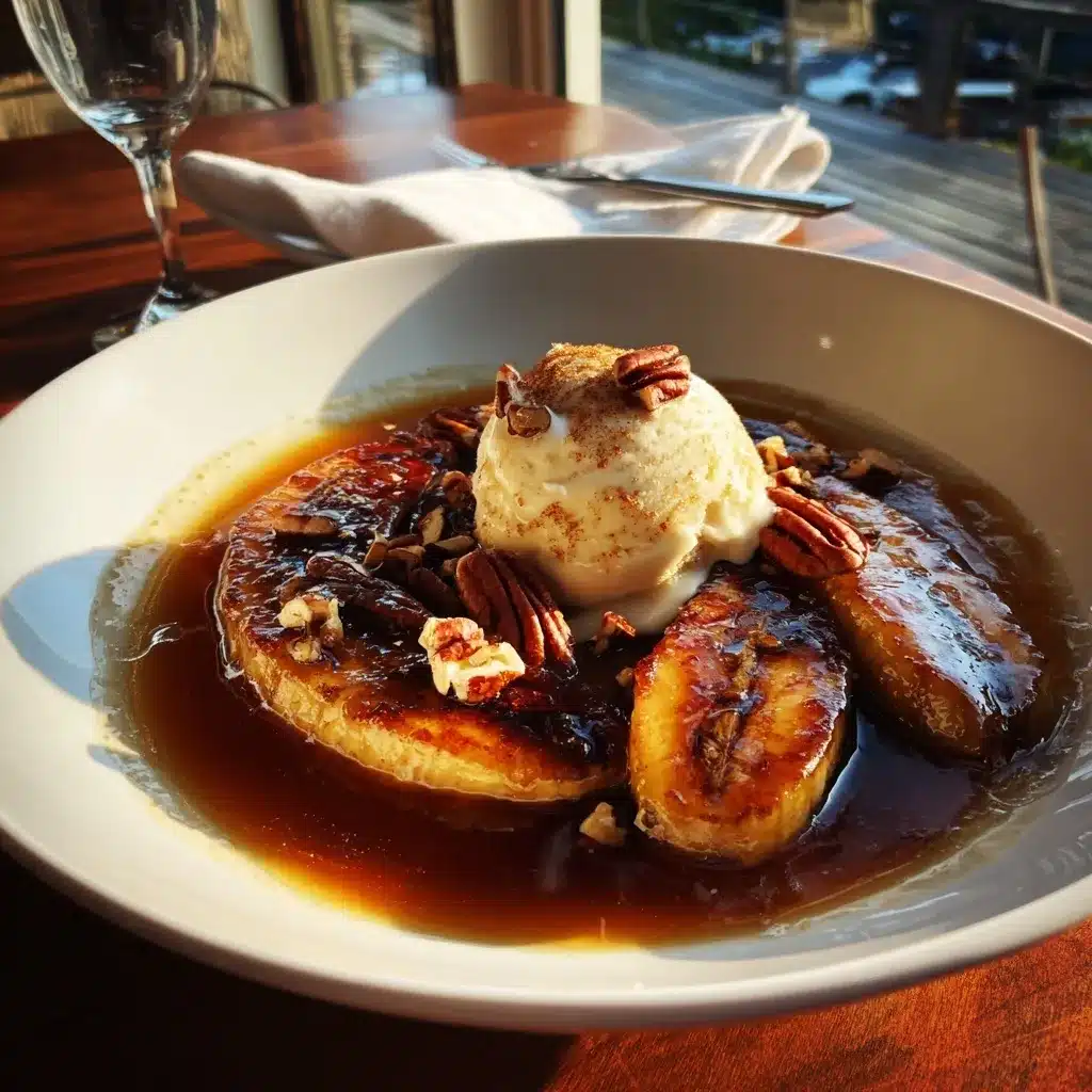Bananas Foster served in a white bowl with caramel sauce and melting vanilla ice cream