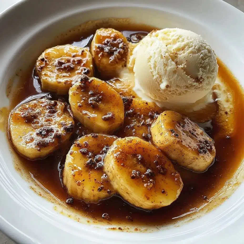 Overhead view of Bananas Foster recipe with halved bananas in caramel sauce and a scoop of vanilla ice cream