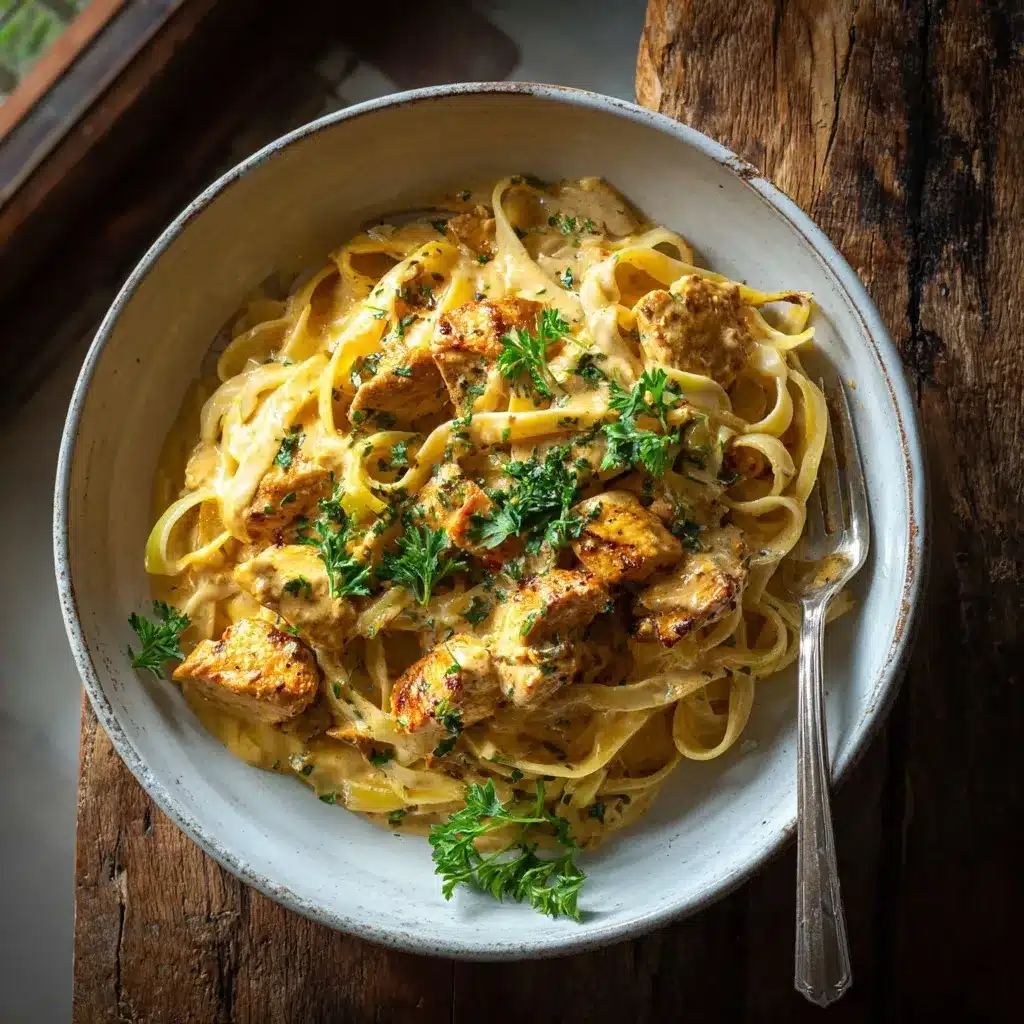 cowboy butter chicken linguine served in bowl