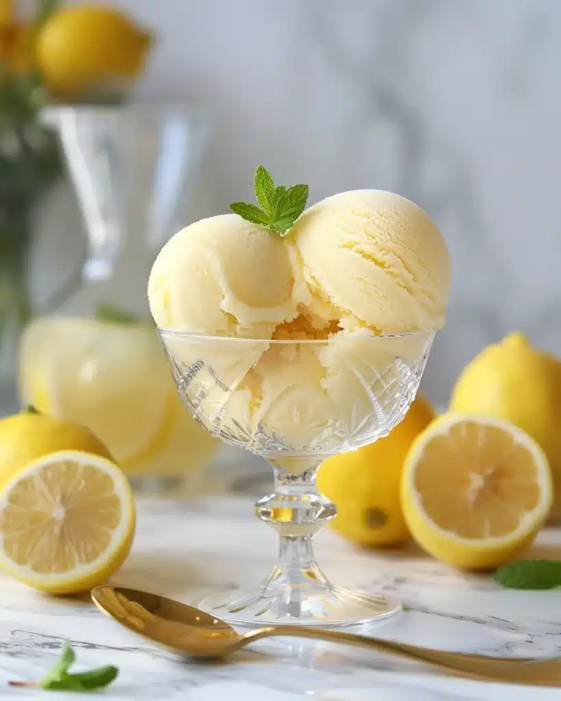 Two scoops of lemon sorbet served with mint and lemon slices