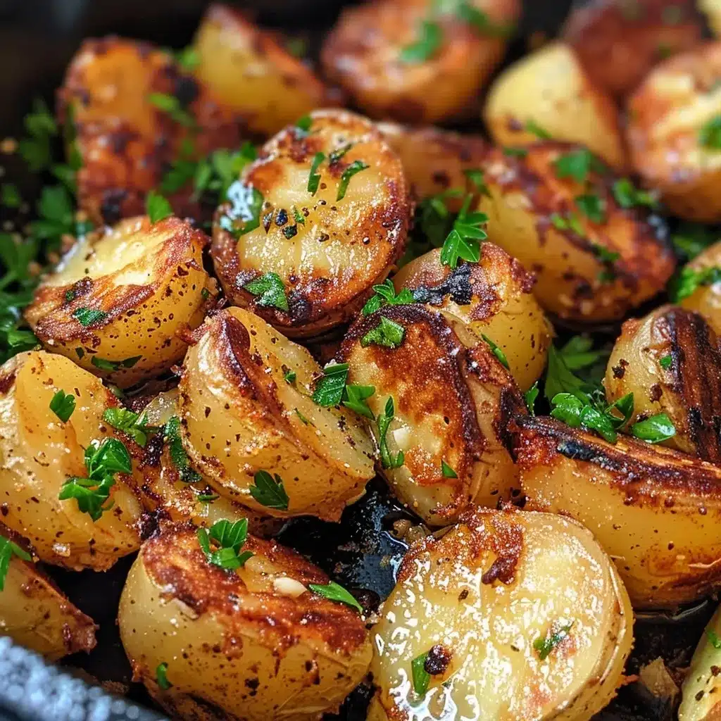 Golden baby potatoes with garlic butter and rosemary in skillet