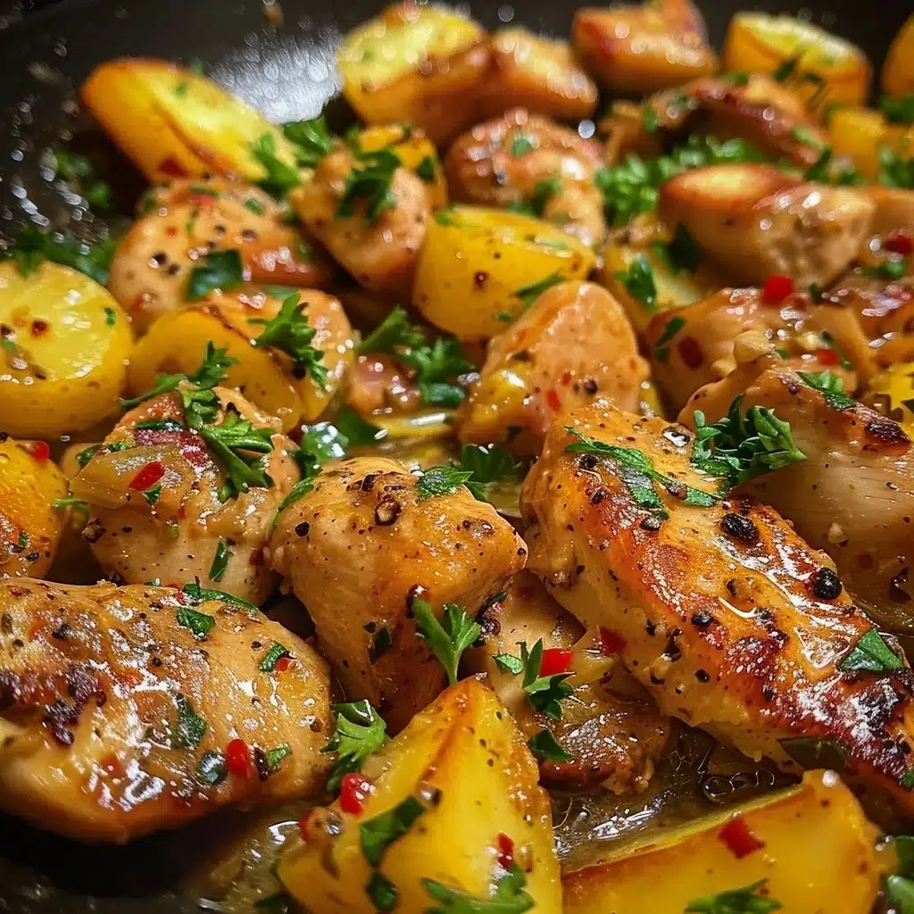 Garlic butter chicken and potatoes in cast iron skillet with fresh herbs