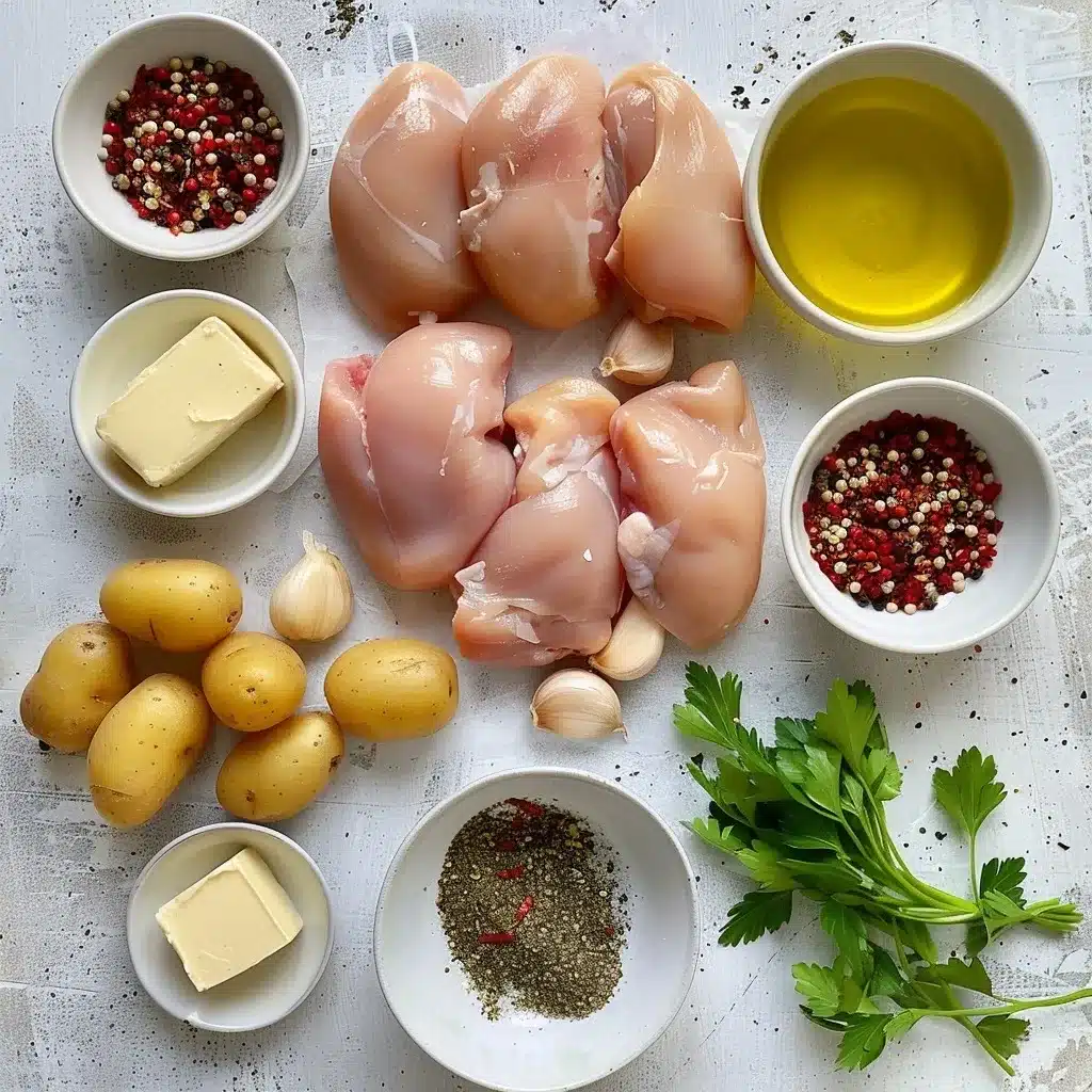 Flat lay of ingredients for garlic butter chicken and potatoes recipe