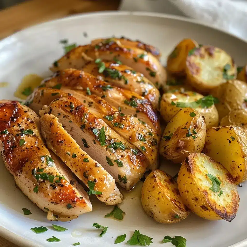 Serving plate with garlic butter chicken, crispy potatoes, and parsley