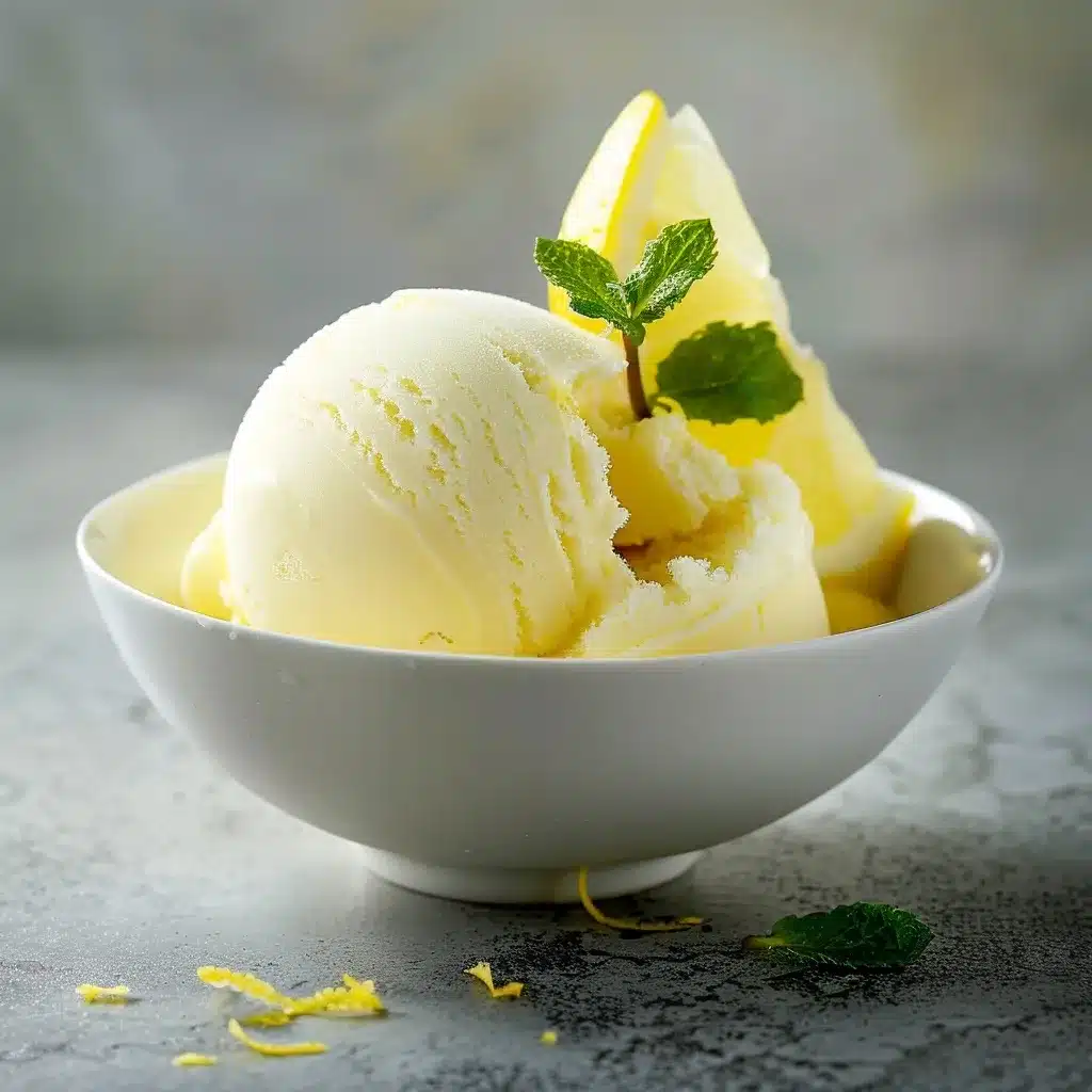 Creamy homemade lemonade sorbetRecipe  with lemon zest and mint in a white bowl, slightly melting on a linen cloth