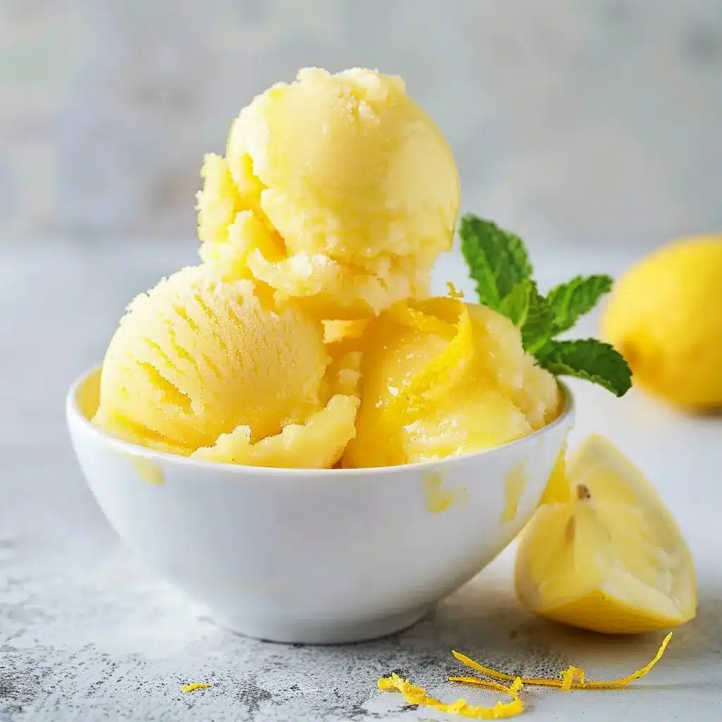 Creamy homemade lemonade sorbet with lemon zest and mint in a white bowl, slightly melting on a linen cloth