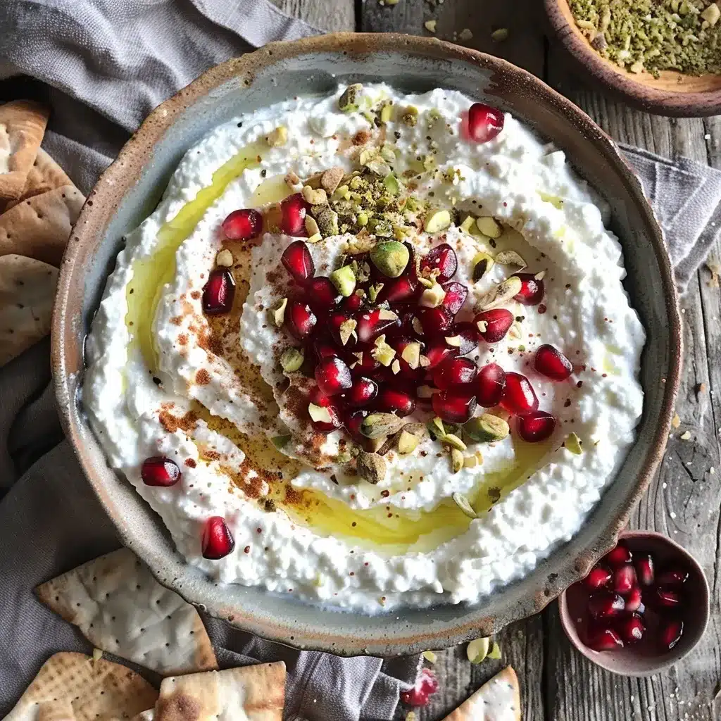 Close-up of whipped feta dip topped with pomegranate seeds and pistachios, served in a ceramic bowl with pita on a rustic wood table
