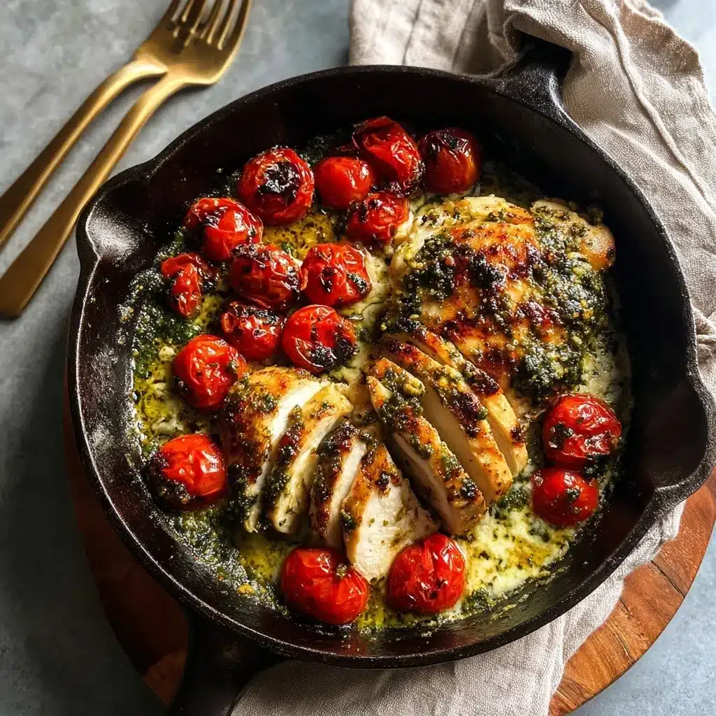 Creamy pesto chicken with roasted tomatoes in a skillet, topped with fresh basil and Parmesan