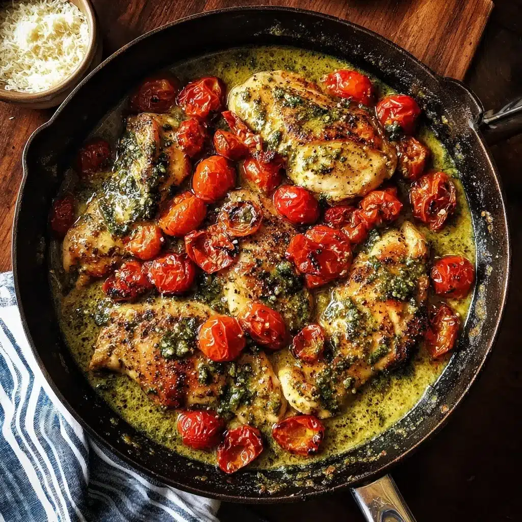 Close-up overhead view of creamy pesto chicken in a cast iron skillet, topped with a golden sear and surrounded by blistered cherry tomatoes. The chicken breasts are nestled in a glossy green pesto cream sauce, with visible herbs and caramelized bits. A rustic kitchen towel and Parmesan bowl add a cozy, homemade touch.