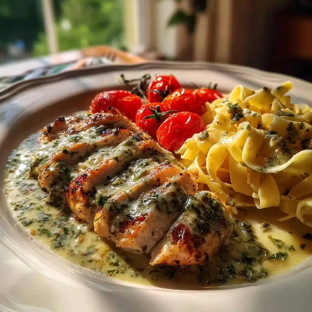Plated creamy pesto chicken with fettuccine and roasted cherry tomatoes