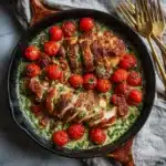Creamy pesto chicken with roasted tomatoes in a skillet, topped with fresh basil and Parmesan