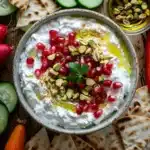 Whipped feta dip topped with pomegranate seeds and pistachios, served in a bowl with pita and fresh vegetables