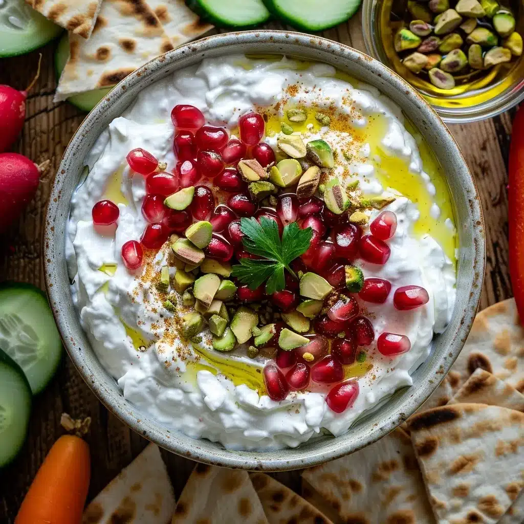 Whipped feta dip topped with pomegranate seeds and pistachios, served in a bowl with pita and fresh vegetables