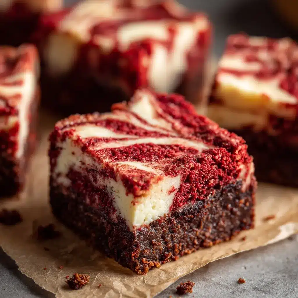 Red velvet cheesecake brownies recipe showing swirl topping