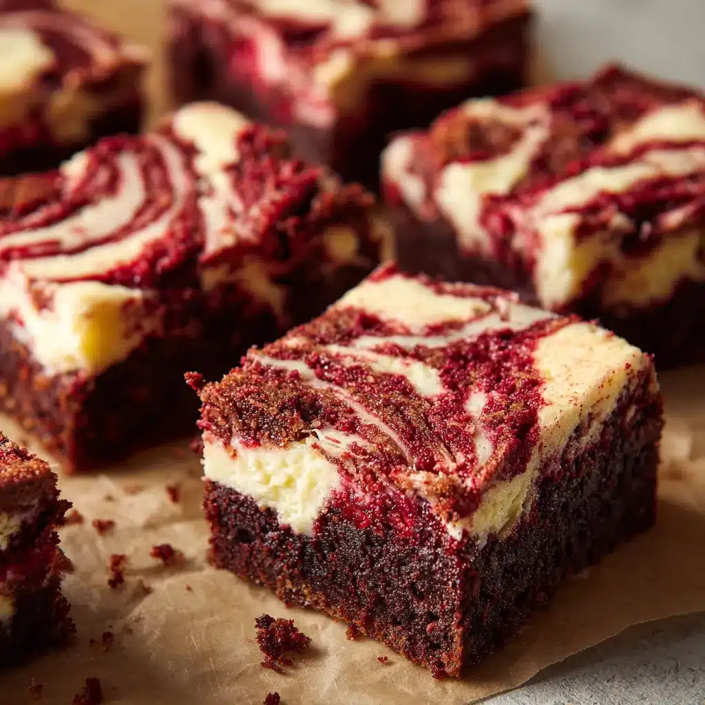 Red velvet cheesecake brownies recipe showing swirl topping