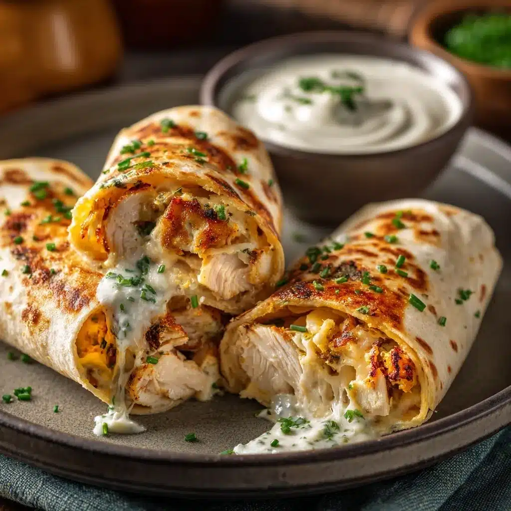 served cheesy garlic chicken wraps on plate