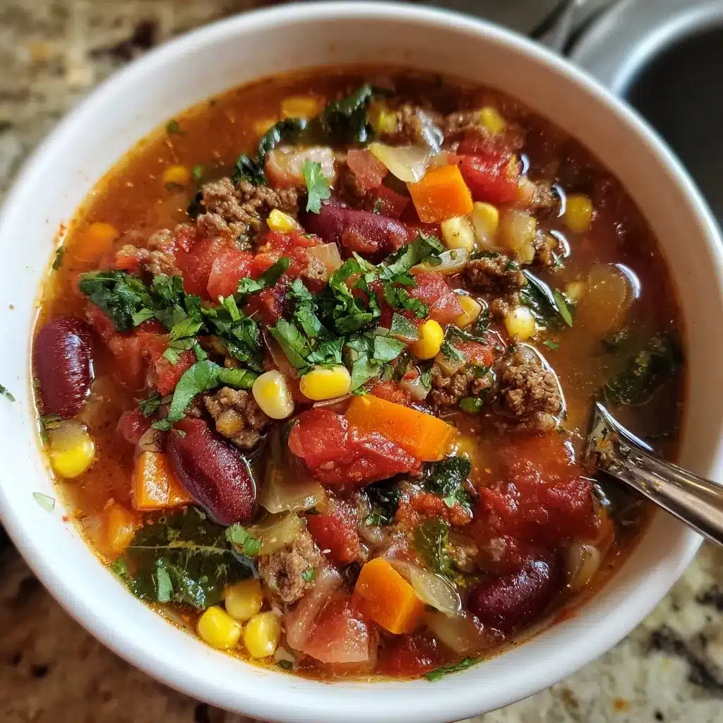 Bowl of cowboy soup with ground beef, beans, corn, potatoes, and carrots topped with parsley