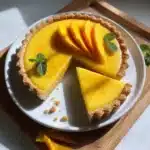 Fresh mango curd tart Recipe with a cut slice and mint garnish