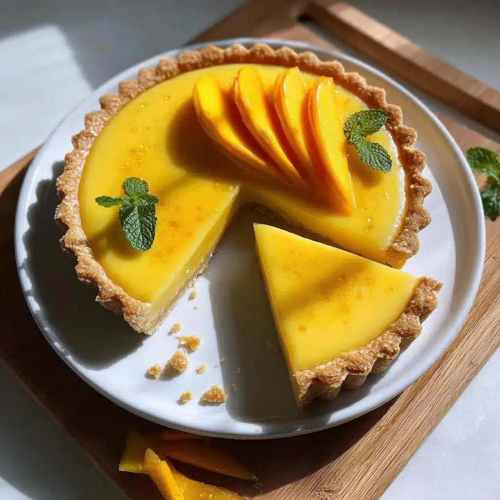 Fresh mango curd tart Recipe with a cut slice and mint garnish